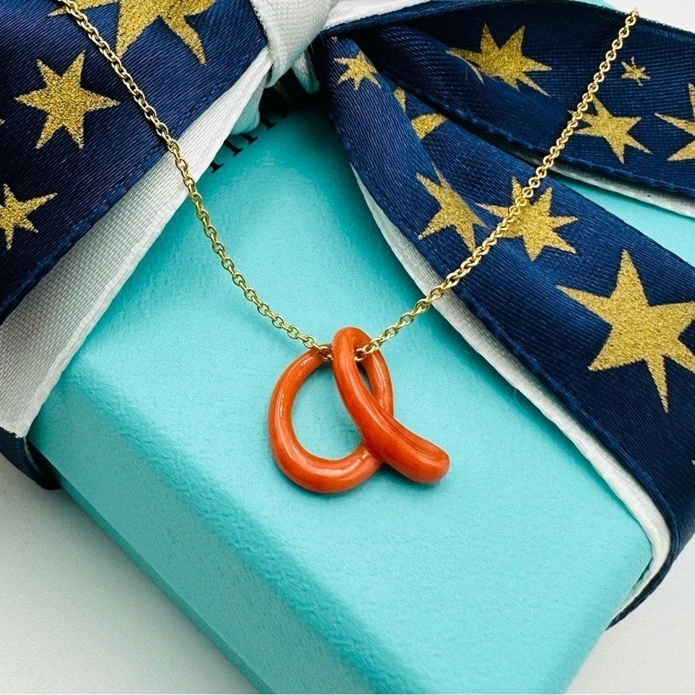 RARE Tiffany & Co. Vintage Coral Letter “A” Initial Necklace 18K Yellow Gold Box